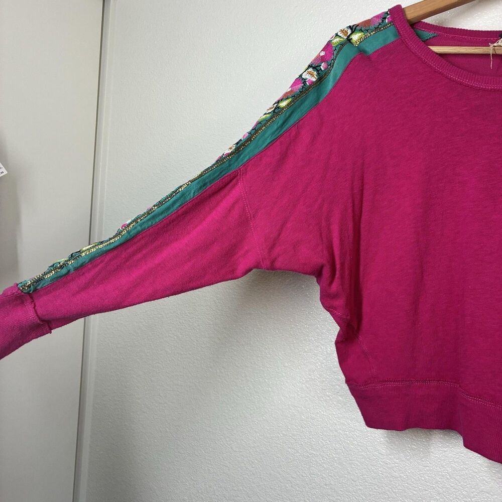 We The Free Shirt Womens XS Pink Floral Embroidered Dolman Sleeve Crop Top - Picture 13 of 16
